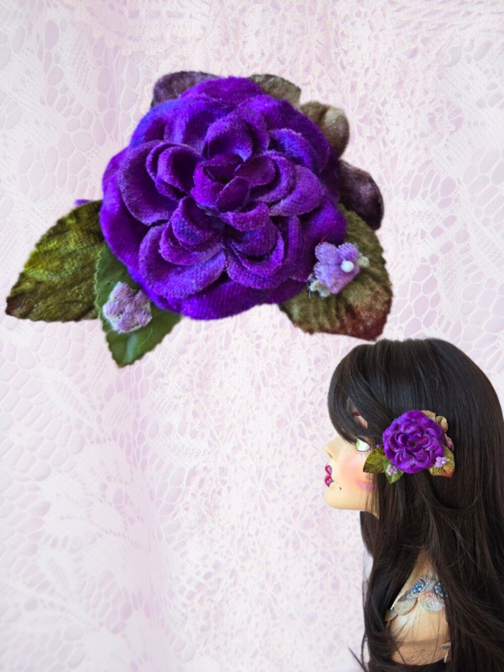 Purple Posey Velvet Rose Bouquet Hair Clip Romantic Cottage Y2k Fairycore